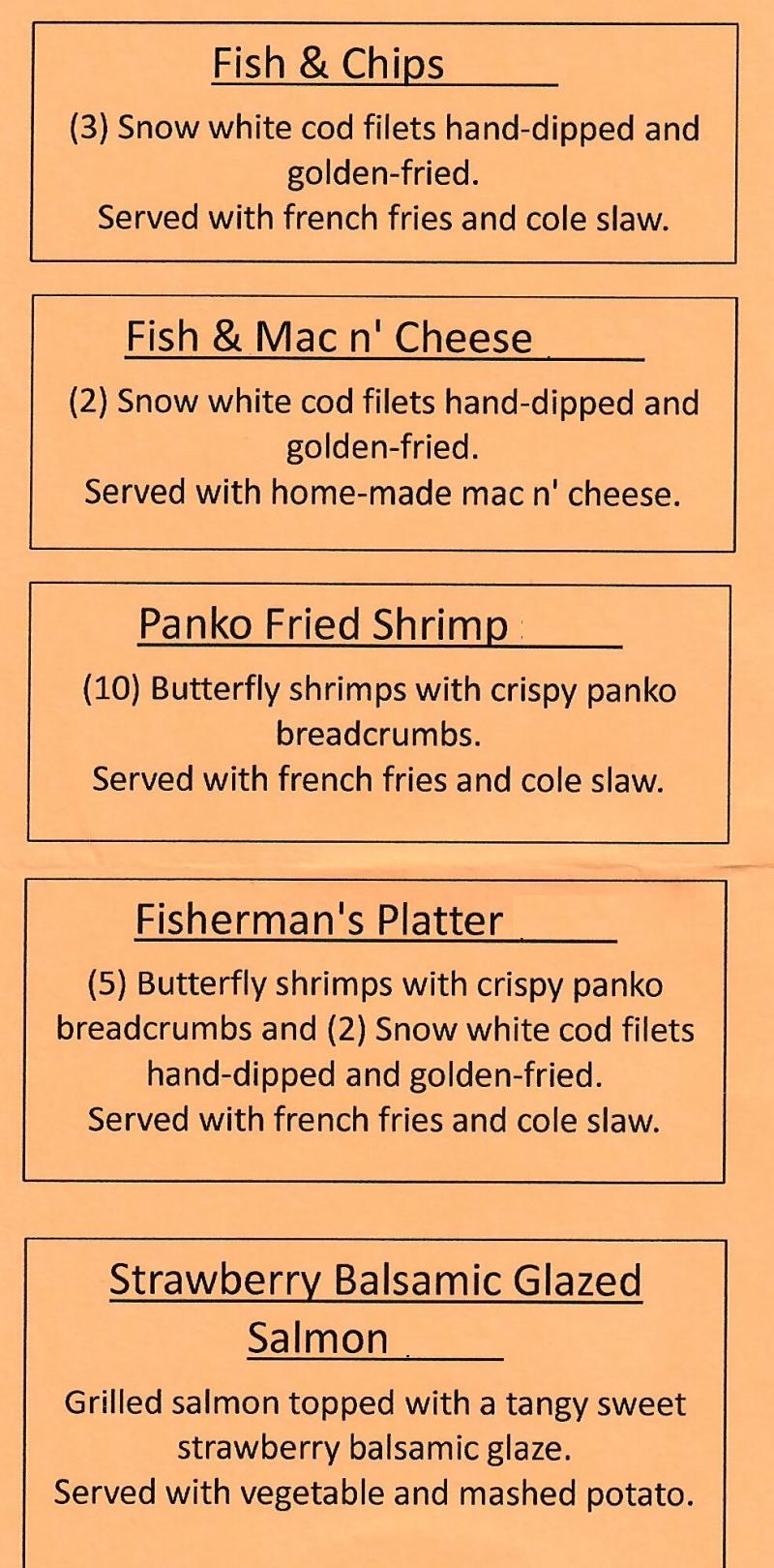 Fish & Chips, Salmon, Fish & Mac, Shrimp special